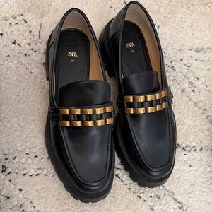 Zara Women’s Black Loafers with Gold Accents